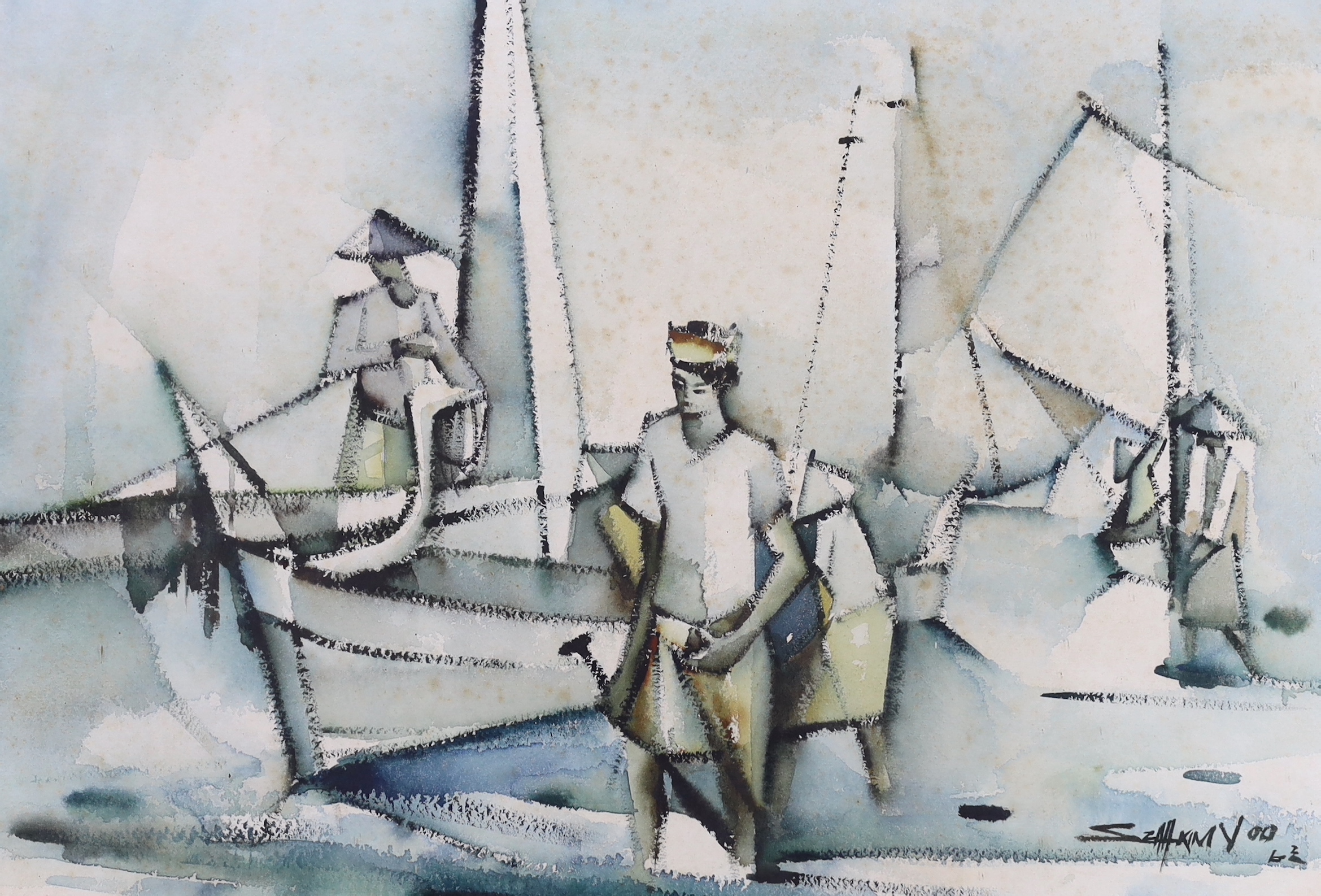 Seah Kim Joo (Singaporean b.1939) watercolour, Figures and sailing boats, signed and dated '62, 56 x 36cm